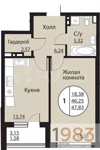 1-к. квартира, 47,8 м, 8/24 эт. - Фото 0