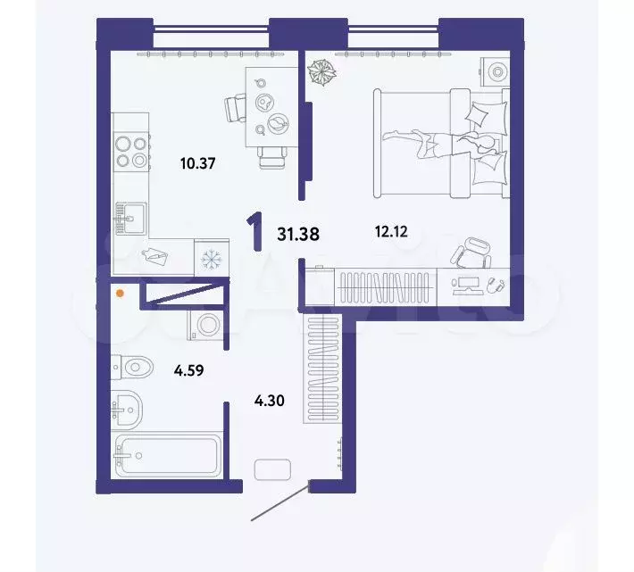 1-к. квартира, 31,4 м, 12/13 эт. - Фото 1