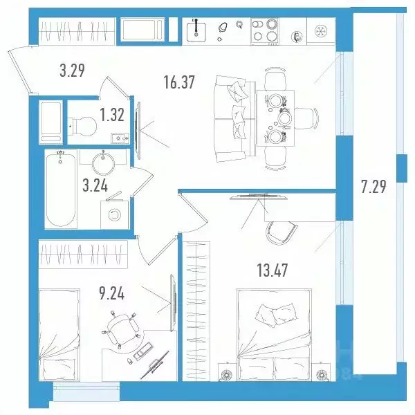 2-к кв. Санкт-Петербург дор. Муринская, 67 (49.12 м) - Фото 0