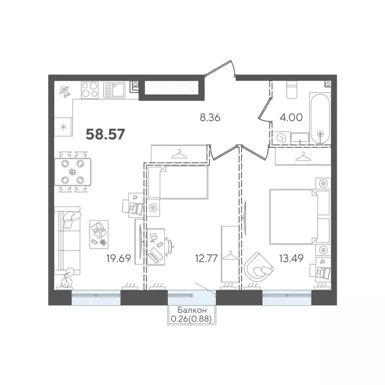 2-комнатная квартира: Казань, Вахитовский район (58.57 м) - Фото 1
