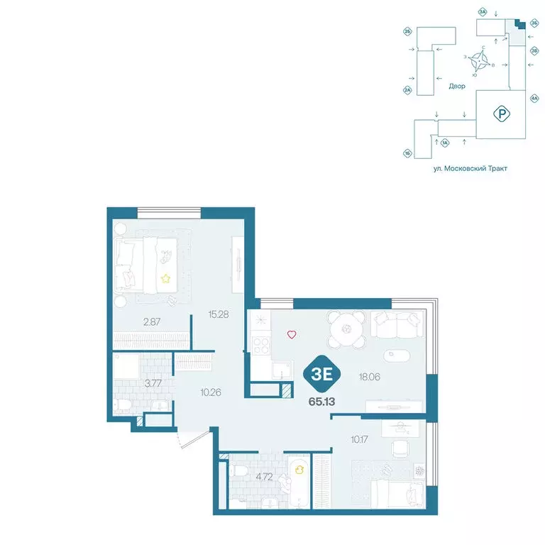 3-комнатная квартира: Тюмень, жилой комплекс Сибирский (65.13 м) - Фото 1