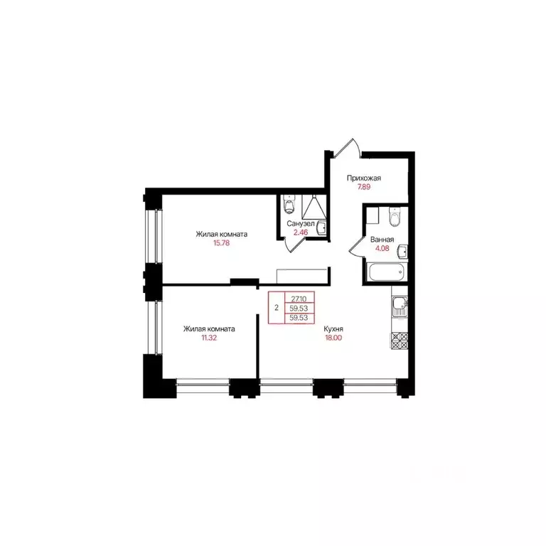 2-к кв. Татарстан, Казань Лето жилой комплекс (59.53 м) - Фото 2