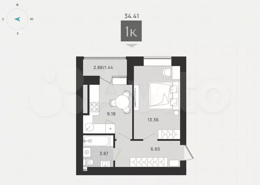 1-к. квартира, 34,4 м, 1/9 эт. - Фото 1