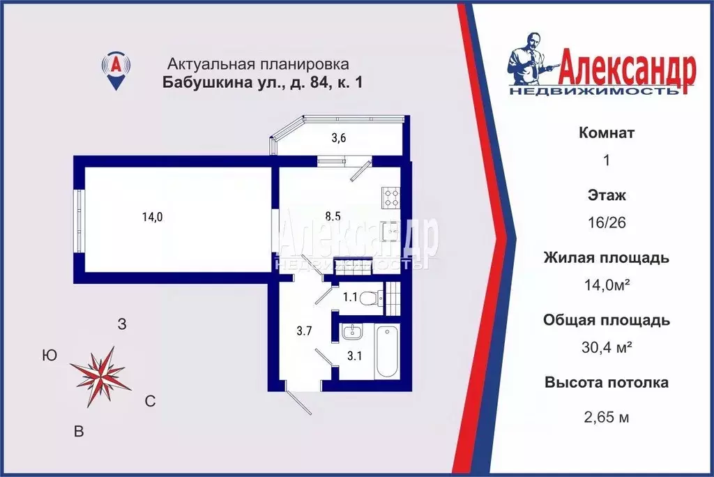 1-к кв. Санкт-Петербург ул. Бабушкина, 84к1 (30.4 м) - Фото 1