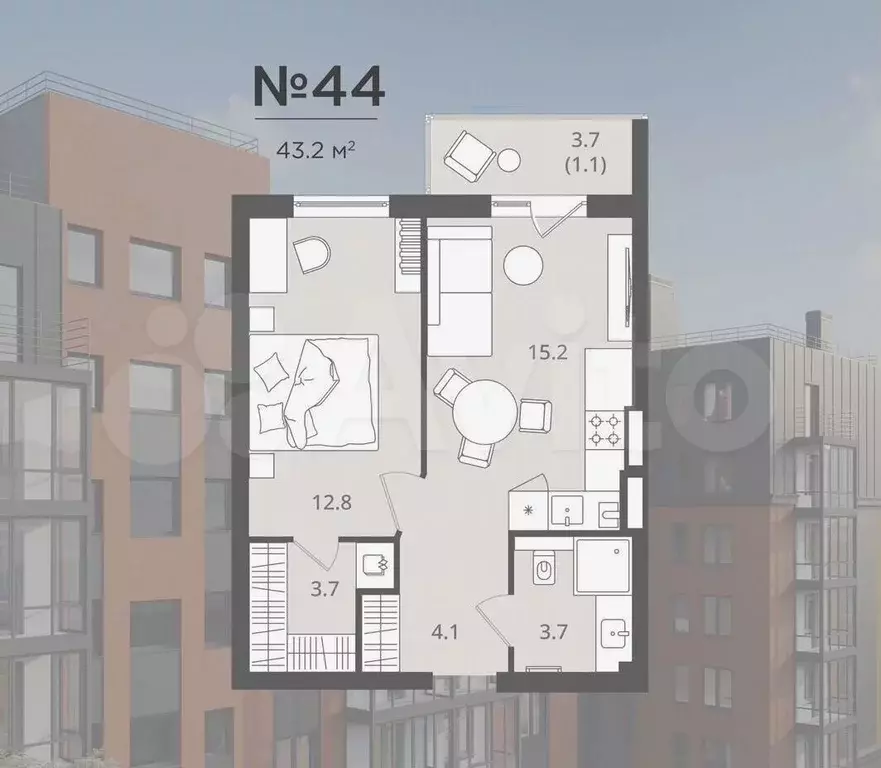 1-к. квартира, 42,9 м, 3/7 эт. - Фото 0