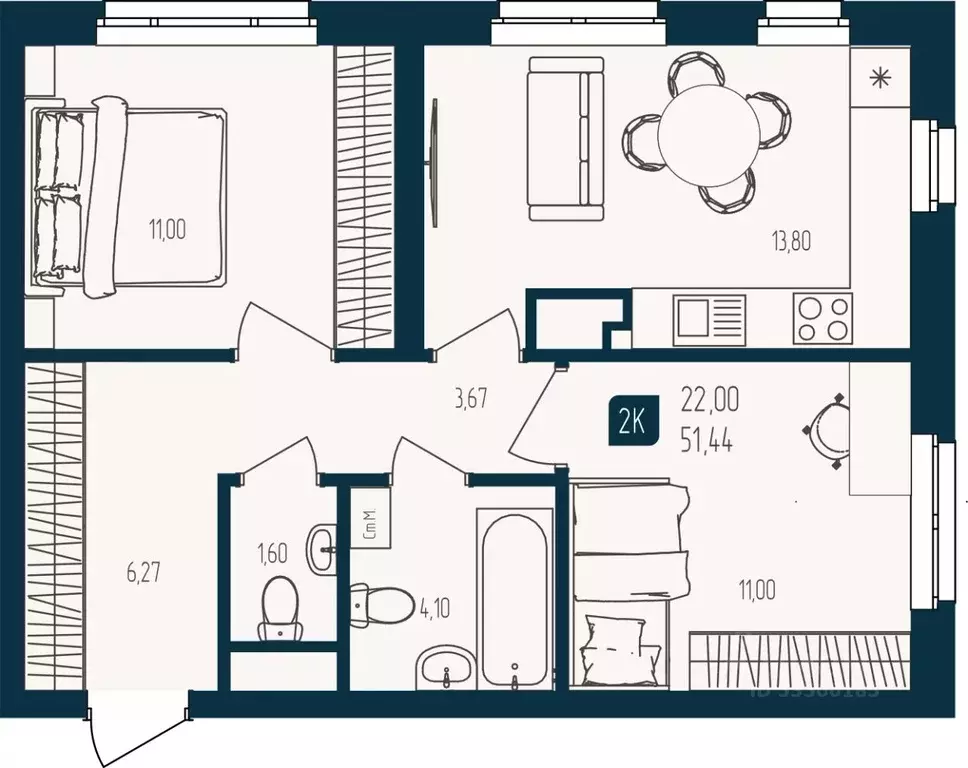 2-к кв. Тюменская область, Тюмень  (51.44 м) - Фото 1