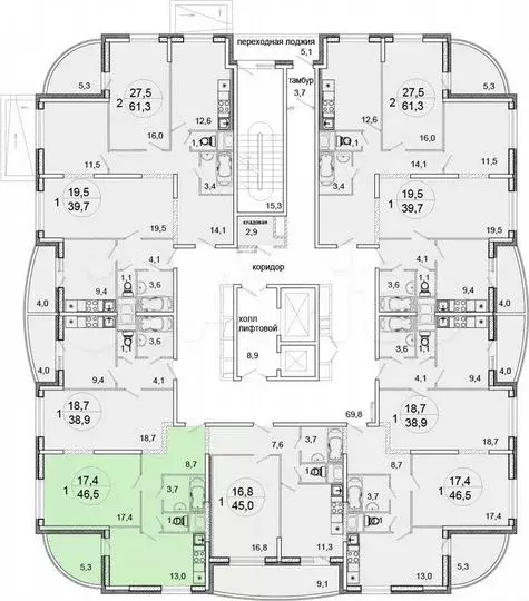 1-к. квартира, 46,5м, 13/17эт. - Фото 1