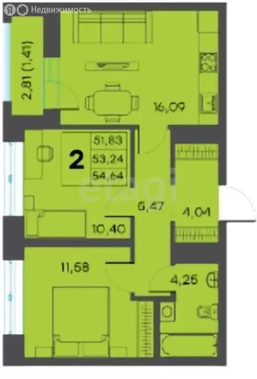 2-комнатная квартира: Тверь, 2-я улица Красина, 64 (54.64 м) - Фото 0