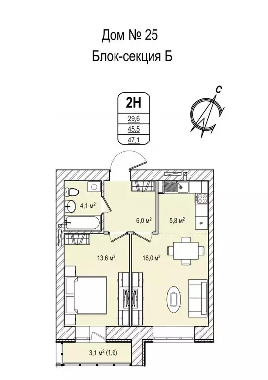 2-к кв. Кемеровская область, Кемерово просп. Восточный, 33 (47.1 м) - Фото 1