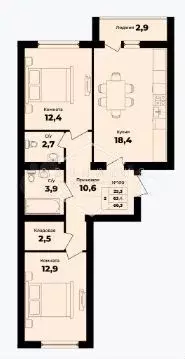 2-к. квартира, 64,9 м, 8/9 эт. - Фото 1