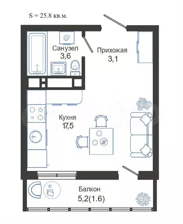 Квартира-студия, 25,8 м, 14/24 эт. - Фото 1