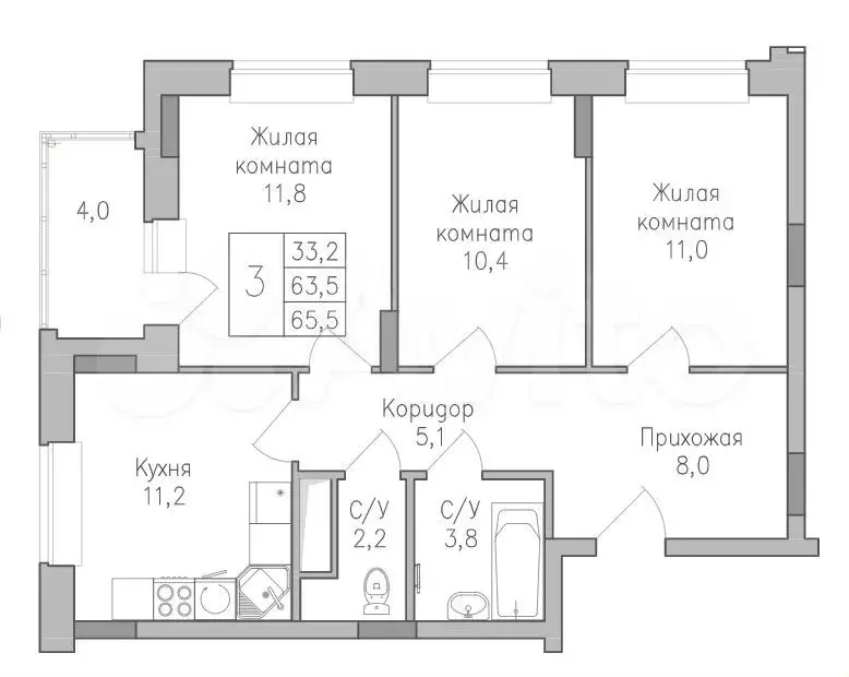 3-к. квартира, 65,5 м, 2/10 эт. - Фото 1