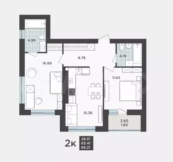 2-к. квартира, 65,2 м, 8/9 эт. - Фото 1