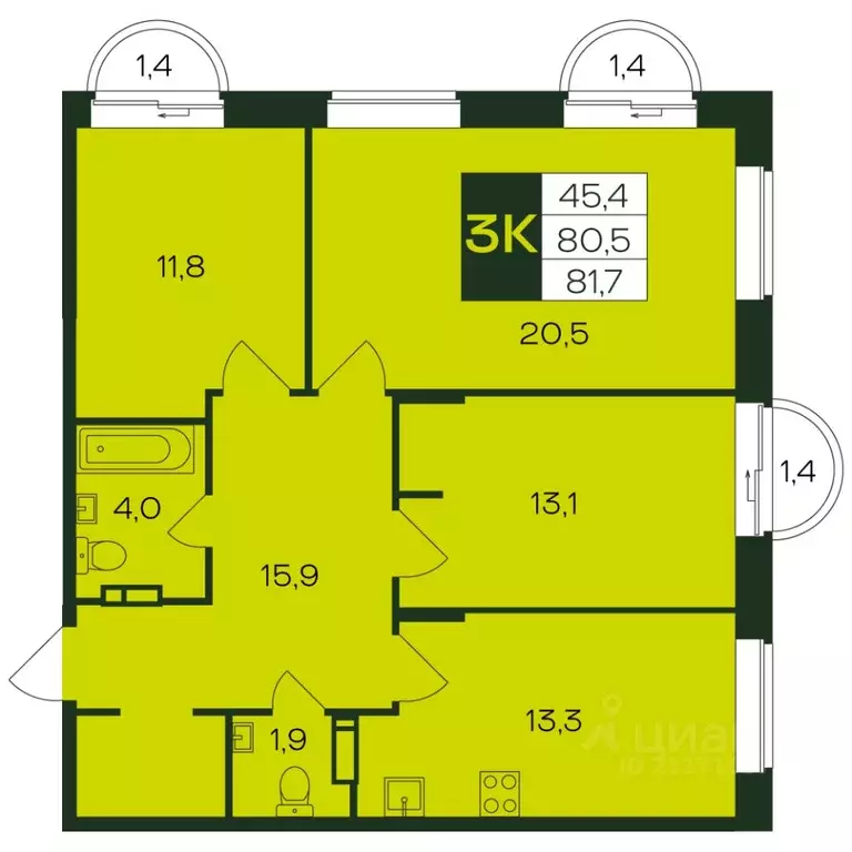 3-к кв. Чувашия, Чебоксары просп. Чебоксарский (81.8 м) - Фото 0