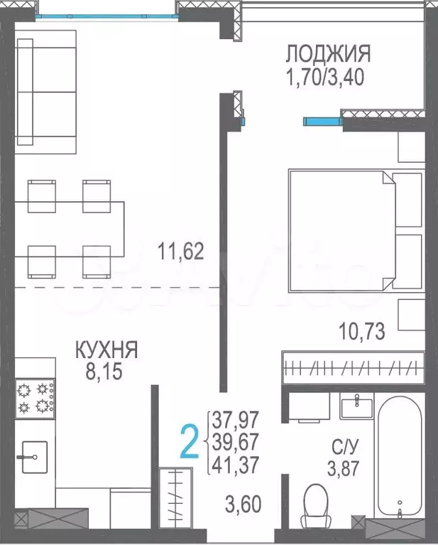 2-к. квартира, 39,7 м, 6/8 эт. - Фото 0