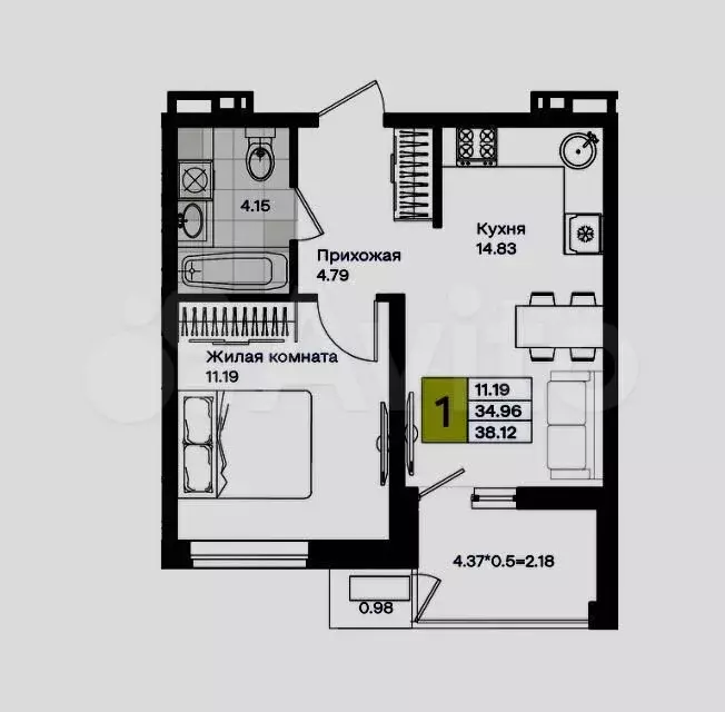 1-к. квартира, 38 м, 2/9 эт. - Фото 1