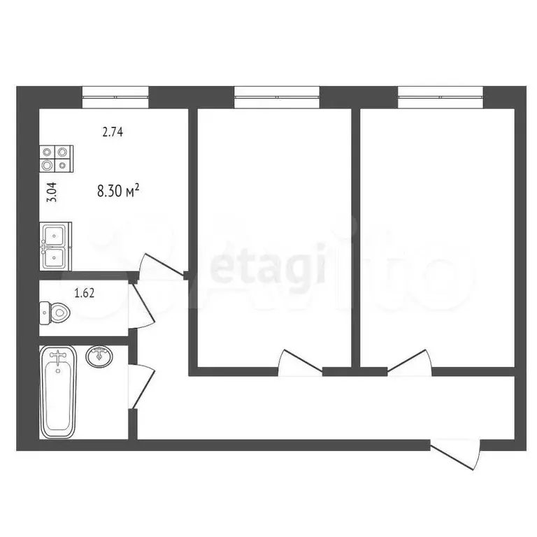 2-к. квартира, 46,7 м, 1/3 эт. - Фото 0