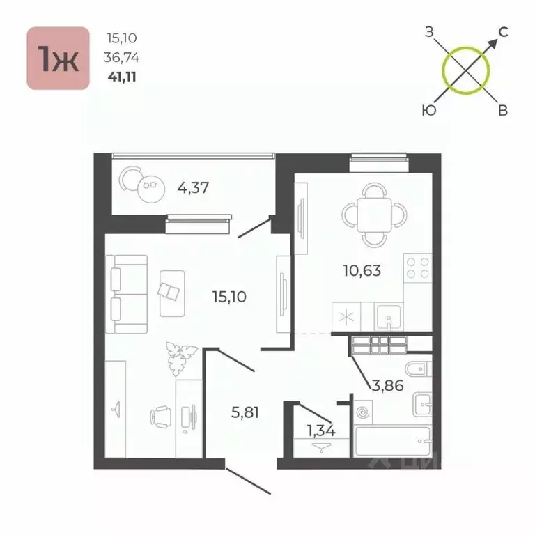1-к кв. Свердловская область, Екатеринбург ул. Академика Ландау, 34 ... - Фото 0