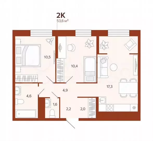 2-к. квартира, 53,6м, 2/9эт. - Фото 0