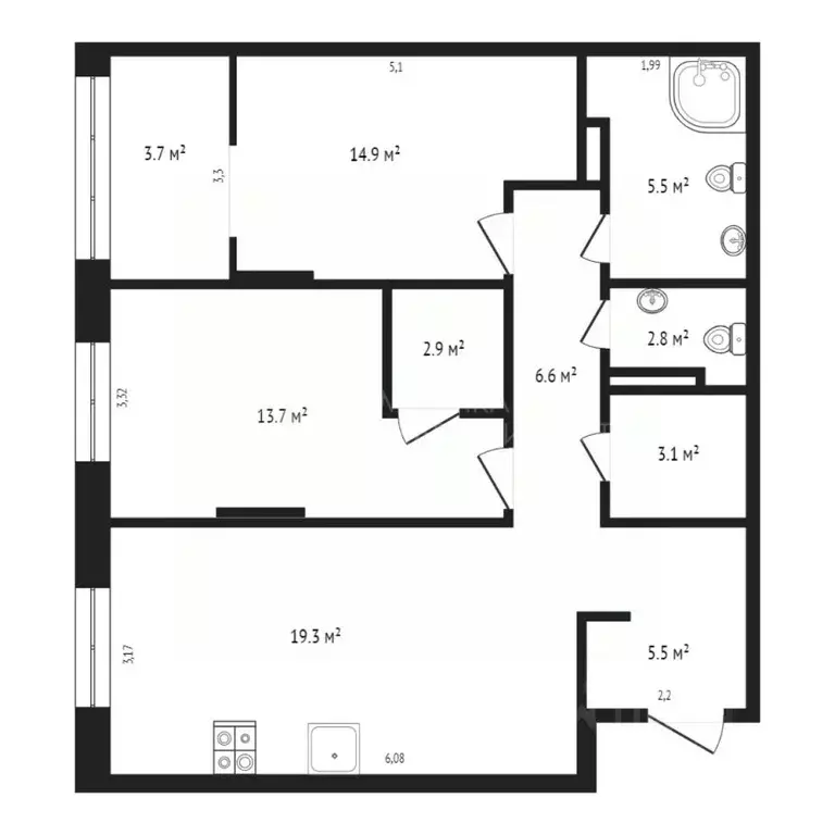 3-к кв. Тюменская область, Тюмень ул. 50 лет Октября, 57Бк1 (80.0 м) - Фото 2