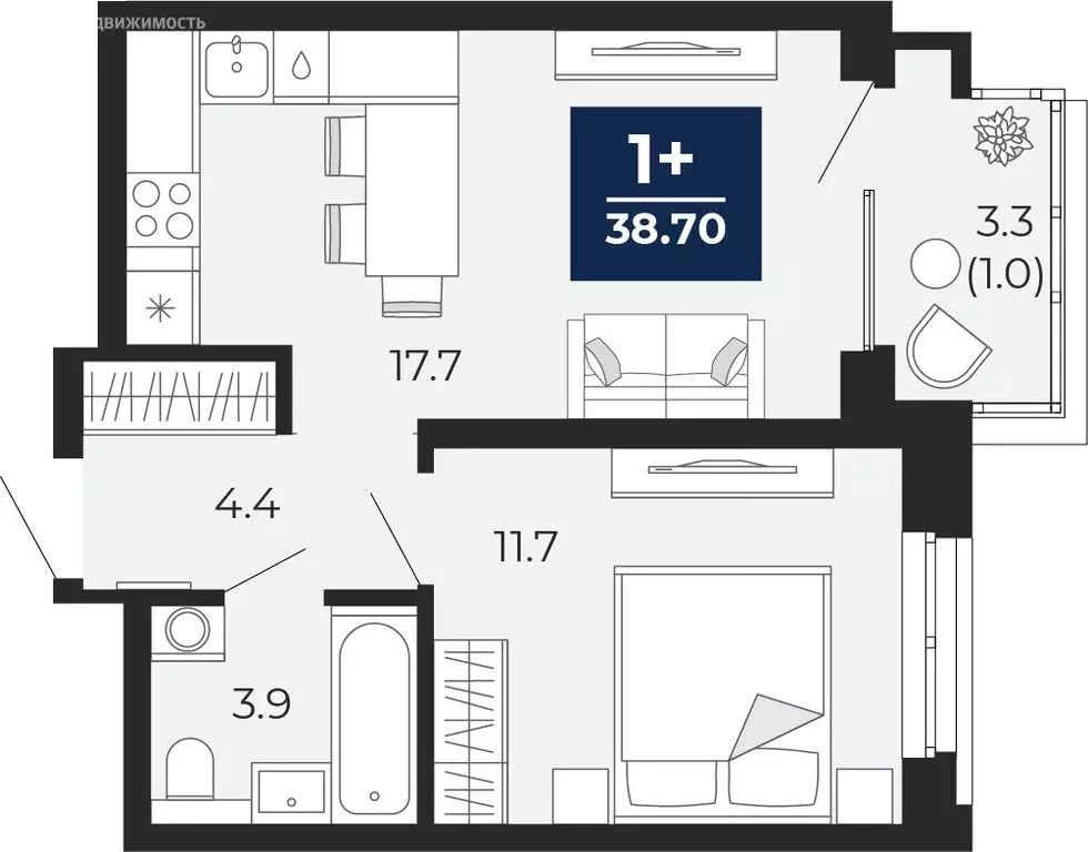 1-комнатная квартира: Тюмень, проезд Капитана Куликова, 5 (41 м) - Фото 1