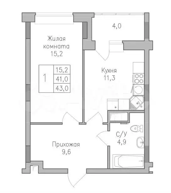 1-к. квартира, 43 м, 7/10 эт. - Фото 1