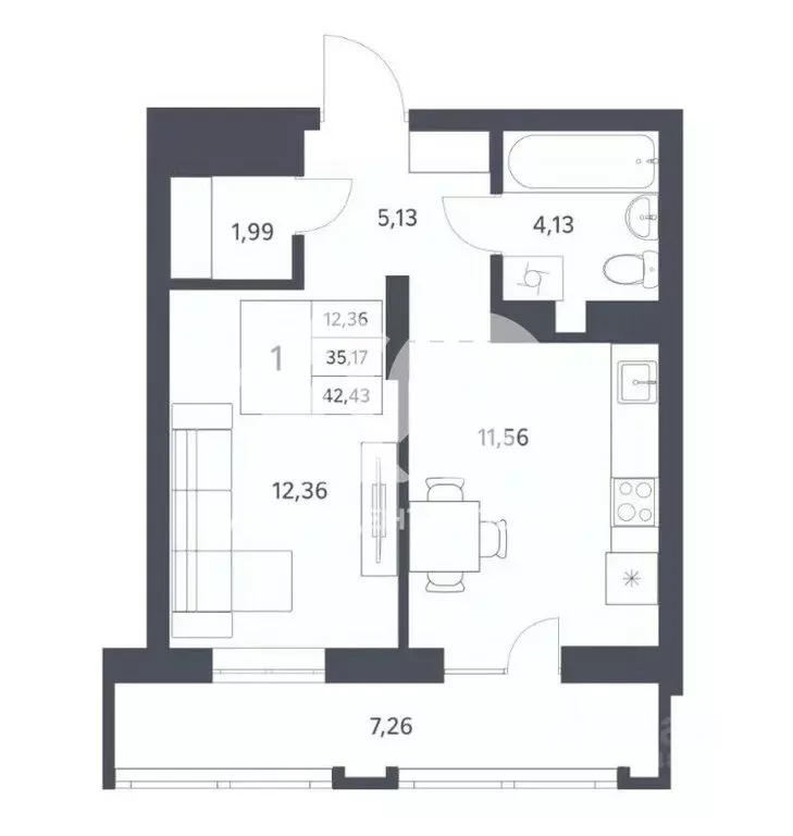 1-комнатная квартира: Новосибирск, улица Тюленина, 3 (42.43 м) - Фото 0