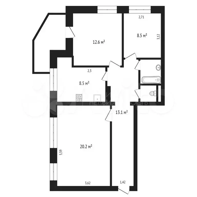 3-к. квартира, 66,1 м, 6/9 эт. - Фото 0
