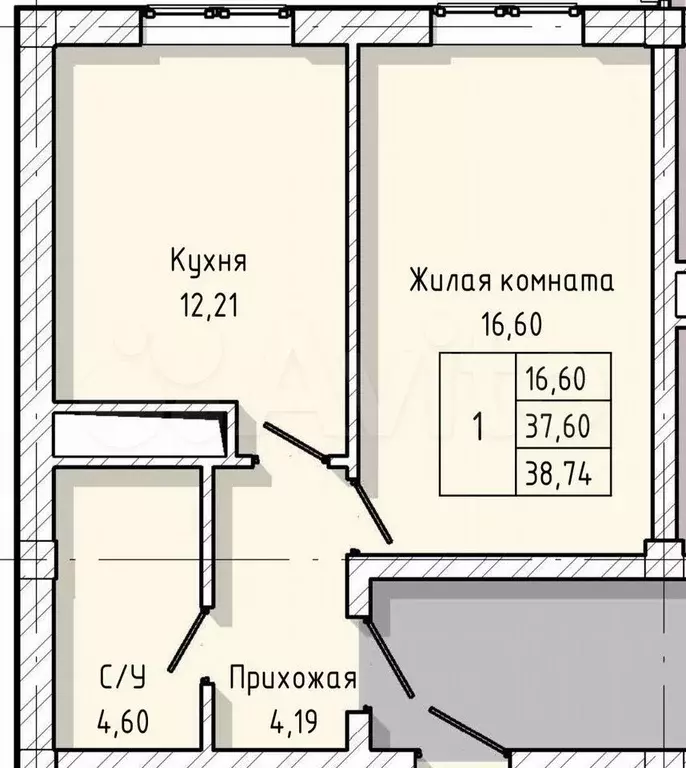 1-к. квартира, 38,7 м, 7/8 эт. - Фото 1