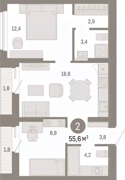 2-к кв. Омская область, Омск  (55.6 м) - Фото 0