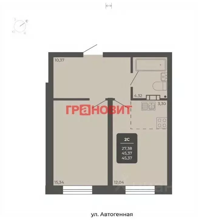 2-к кв. Новосибирская область, Новосибирск Автогенная ул., 75 (45.37 ... - Фото 1