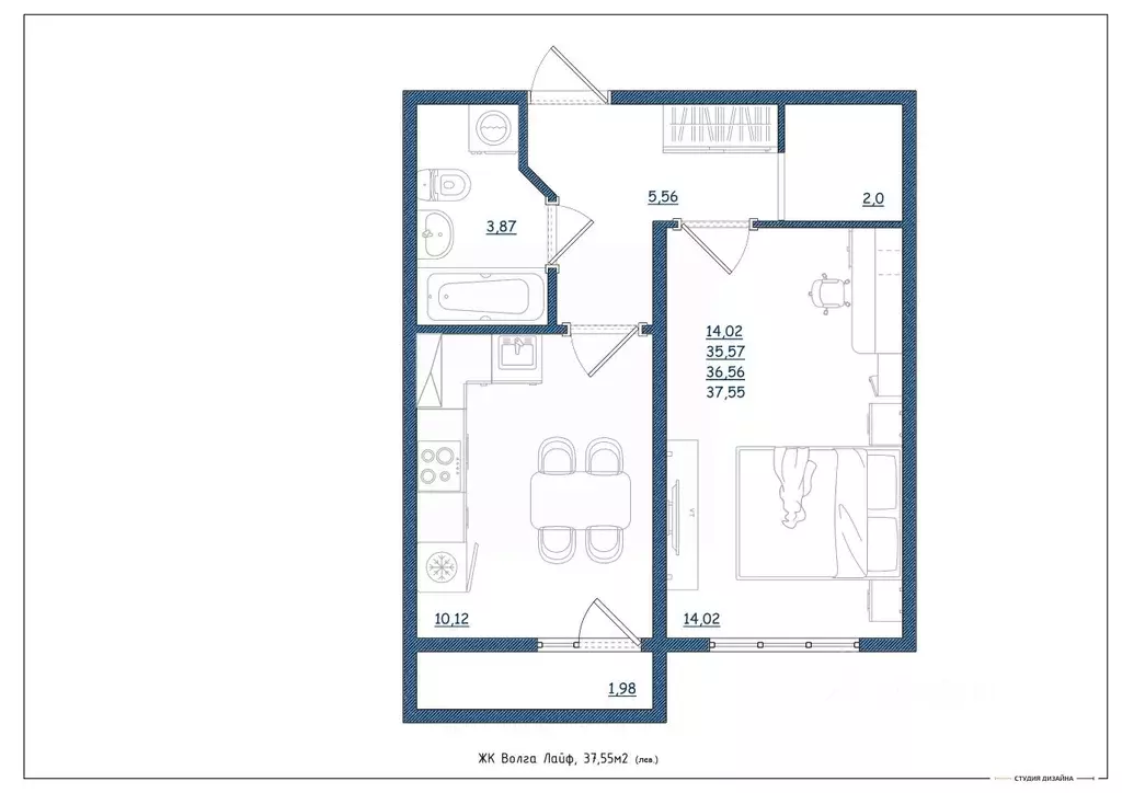 1-к кв. Тверская область, Тверь Новочеркасская ул., 49 (37.55 м) - Фото 2
