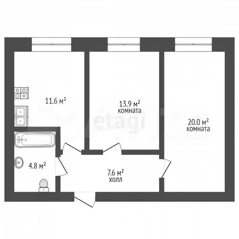 2-к. квартира, 57,9 м, 3/10 эт. - Фото 0
