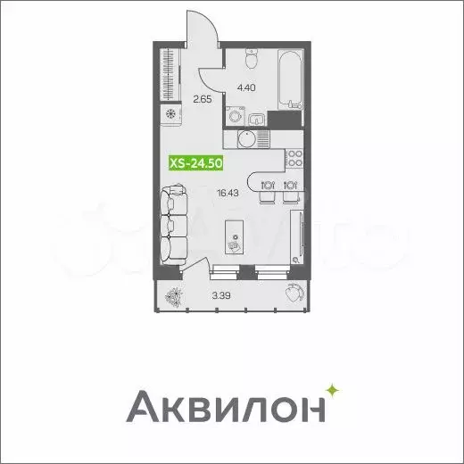 Квартира-студия, 24,5м, 3/8эт. - Фото 1