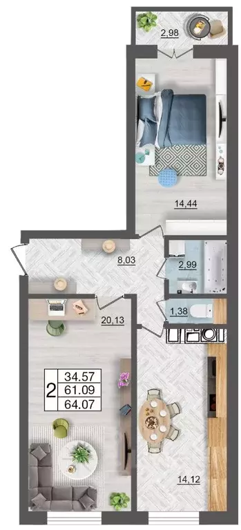 2-к кв. Смоленская область, Смоленск Максимум жилой комплекс (64.07 м) - Фото 1