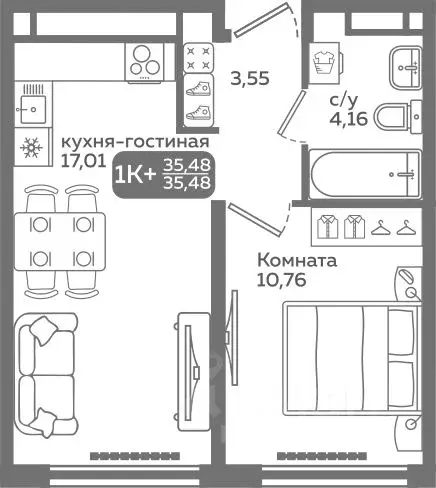 1-к кв. Тюменская область, Тюмень ул. Заполярная, 9/2 (35.48 м) - Фото 0