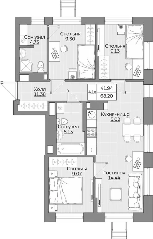 4-комнатная квартира: Казань, ЖК Батталовский (68.2 м) - Фото 1
