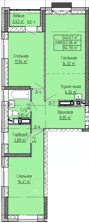 3-к кв. Татарстан, Нижнекамск ул. Баки Урманче, 12 (64.9 м) - Фото 0
