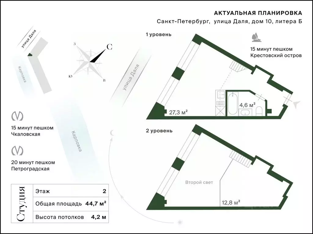 Студия Санкт-Петербург ул. Даля, 10Б (44.7 м) - Фото 2