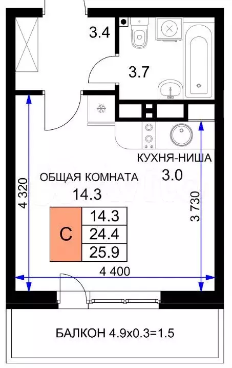 Квартира-студия, 24 м, 4/16 эт. - Фото 0