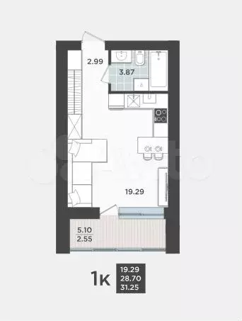 Квартира-студия, 31,3 м, 5/9 эт. - Фото 1