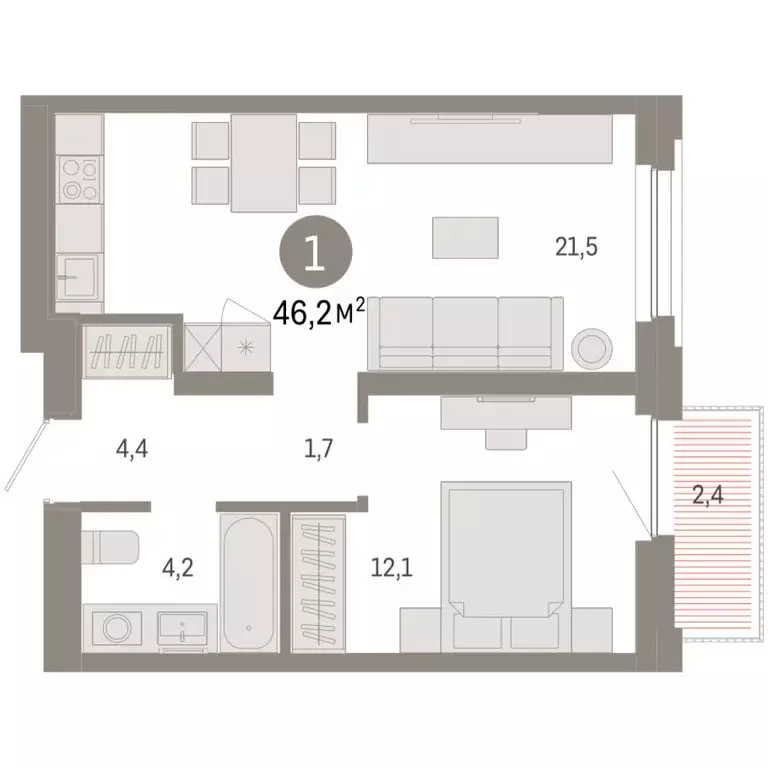 1-комнатная квартира: Тюмень, Мысовская улица, 26к2 (46.19 м) - Фото 1