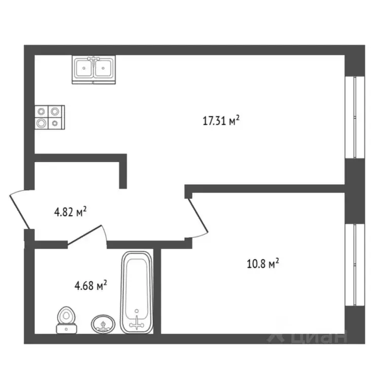 2-к кв. Тюменская область, Тюмень Харьковская ул., 76 (37.61 м) - Фото 2