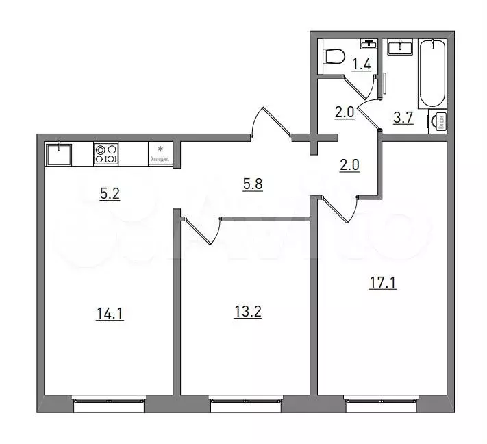 3-к. квартира, 64,5 м, 2/17 эт. - Фото 1