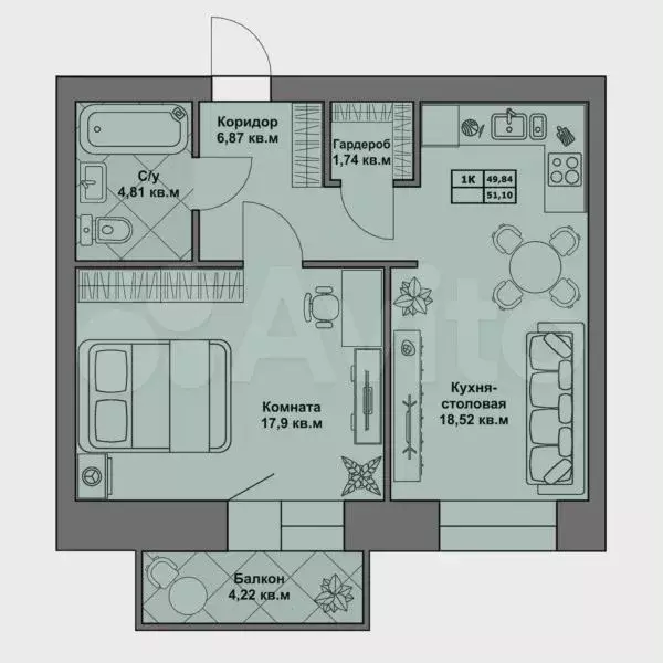 1-к. квартира, 51,1 м, 8/8 эт. - Фото 0