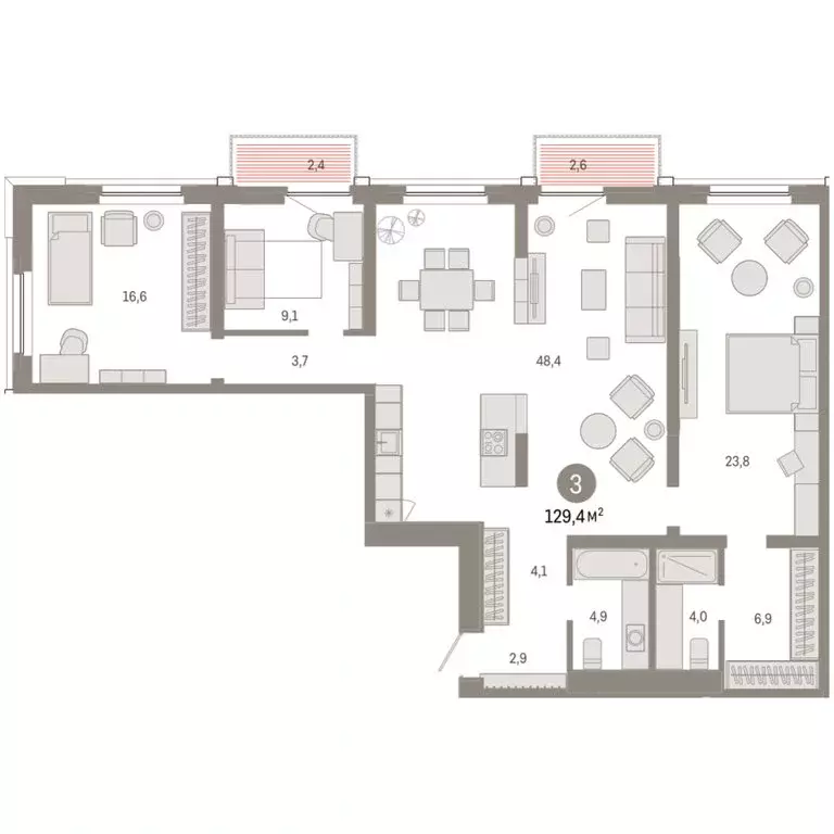 3-комнатная квартира: Тюмень, Мысовская улица, 26к2 (129.42 м) - Фото 1