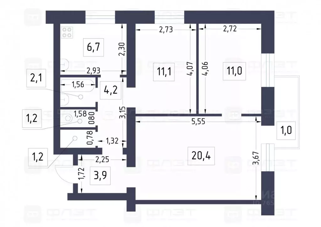 3-к кв. Татарстан, Казань ул. Латышских Стрелков, 1/38 (61.8 м) - Фото 2