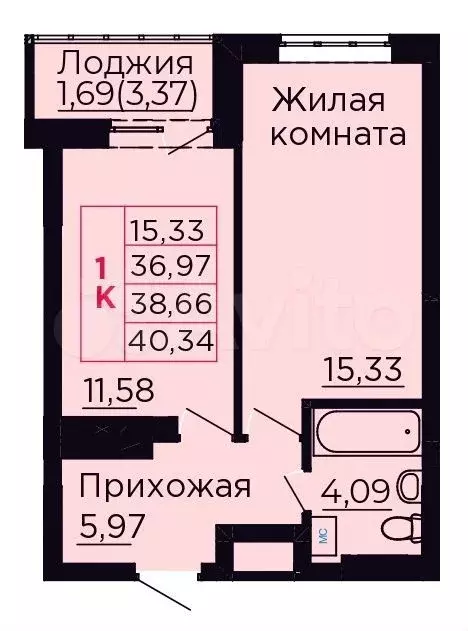 1-к. квартира, 38,7 м, 7/9 эт. - Фото 0