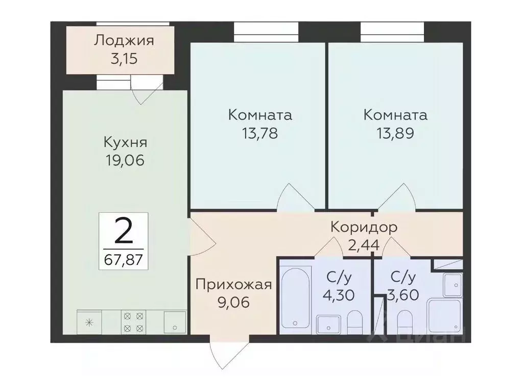2-к кв. Воронежская область, Воронеж ул. Матросова, 60 (67.87 м) - Фото 0