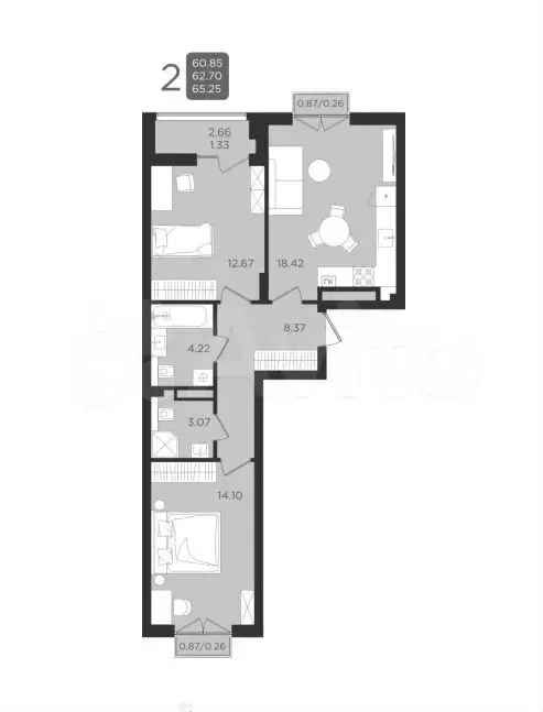 2-к. квартира, 65,3 м, 9/9 эт. - Фото 1